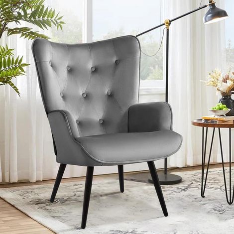 Ohrensessel Samt Grau mit hoher Rückenlehne, skandinavischer Stil, Wohnzimmer (1/5)