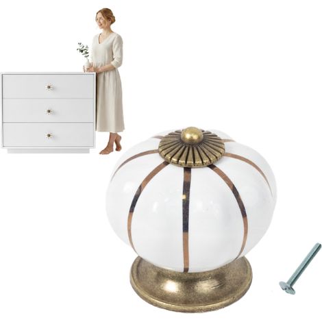 Tirador de mueble, porcelana, calabaza, blanco/dorado, retro (1/5)