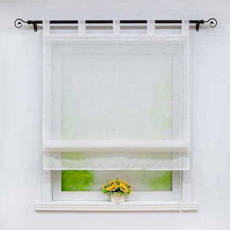 Romain Blanc Uni Aspect de Lin Demi-Transparent avec Passants Rideau Voilage sans Installation Fenêtre Simple 80x140CM (1/5)
