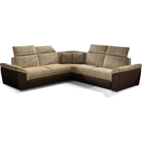 Canapé d'angle réversible et convertible bi-matières Neo - Pieds acier chromé-Marron/Beige chiné (1/5)