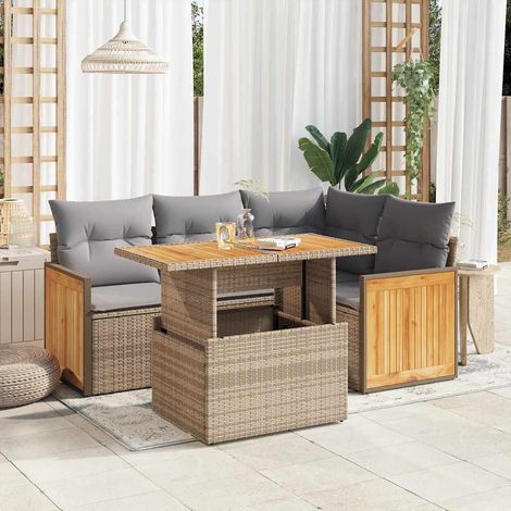 vidaXL Set sofás jardín y cojines 5 pzas ratán sintético acacia beige (1/5)