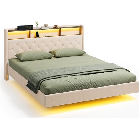 Gepolstertes Doppelbett 160x200 cm Bealife Holz- und Metallrahmen LED-Beleuchtung mit Gepolstertem Kopfteil mit Stauraum Beige