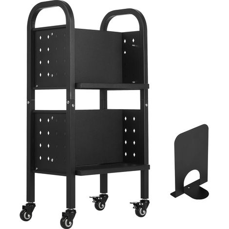 Mophorn Bücherwagen mit 70 kg Tragkraft, 45 x 33 x 88 cm, doppelseitiges L-förmiges Regal mit Rollen und Bremsfunktion, ideal für Wohnzimmer, Büro und Schule, Schwarz