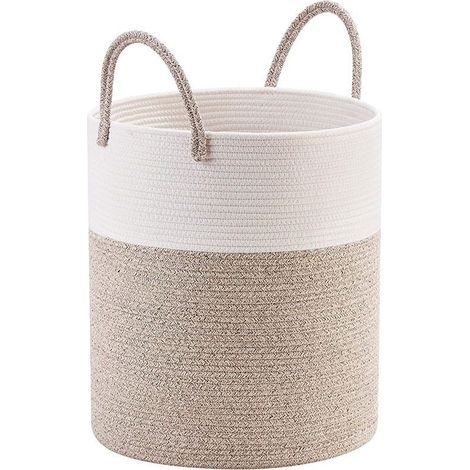 Panier à Linge, Corbeille pour Enfant, Panier de Rangement, Corde en Coton, avec Poignées, pour Couvertures, Vêtements, Jouets, Chambre, Buanderie, 40 L, Blanc et Gris-Marron (1/5)