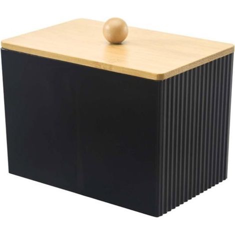 Boîte distributeur coton-tige acrylique noir avec couvercle bois – 13,7×8,8×9,6 cm (1/5)