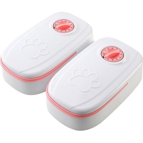 Distributeur de croquettes à minuterie, pour animaux de compagnie, permettant de contrôler la distribution d'aliments secs ou semi-humides, avec une minuterie de 48 heures (rose). (1/3)