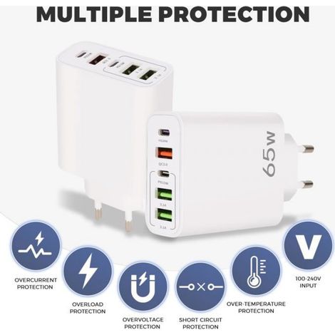 Chargeur Usb C - 65 W - 5 Ports - Compatible iPhone Samsung Huawei - Power Delivery Et Quick Charge 3 0 - Pour Maison Bureau Voyage - 1 Pièce (1/5)