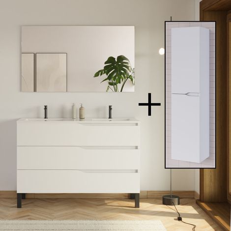 Meuble de salle de bain 120cm avec double vasque - 3 tiroirs et colonne de rangement - blanc mat - MATA