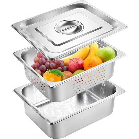 Bac Gastro Inox 1/2, Plat Inox Rectangulaire, avec Couvercle et Bac Perforé, 32,5×26,5 cm, Robuste Durable et Facile à Nettoyer (1/5)