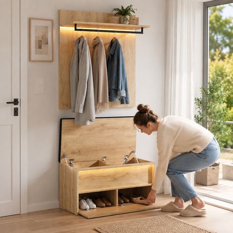 Meuble d'entrée 2 pièces avec banc à chaussures, portemanteau mural réglable, 2 éclairages LED, coussin et rangements, 90 x 47 x 145 cm, bois clair et noir – CHICFURN (1/5)