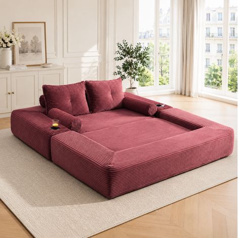 REDOM Sofá cama 180x98x80 cm, convertible con bolsillos laterales y portavasos, espuma y muelles, pana rojo vino (1/5)
