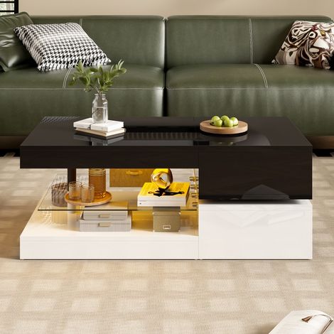 Table basse moderne LED noir et blanc contrôle Bluetooth appli éclairage ambiant verre brillant salon 90x45x35cm (1/5)