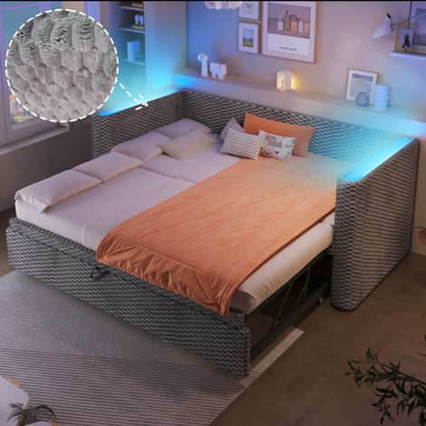 Divano letto, 90 × 200 cm, 180 × 200 cm, letto estraibile multifunzionale con striscia LED, base a doghe (senza materasso), velluto, grigio