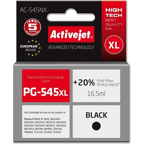 Activejet Tinta AC-545NX para Canon, Recambio Canon PG-545XL Suprema 16,5ml Negro