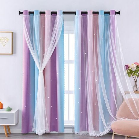 Rideaux Chambre Enfant, Rideaux Occultants avec Tulle Décoratif, Motifs Étoilés, 86x183 CM(Largeur x Hauteur), Rose/Bleu/Violet, 2 Pièces (1/5)