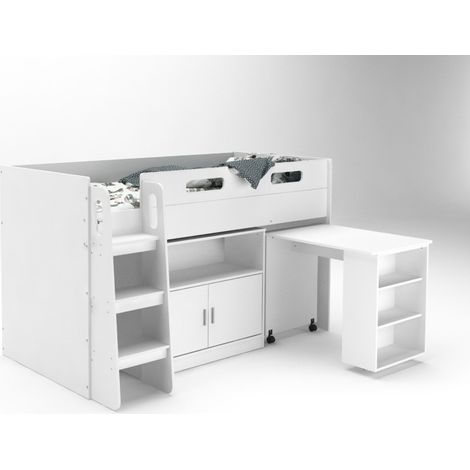 Kudl - Storage Mid Sleeper 01 Children's Bed with Desk and Cupboard - MFC/Wood - L98.6 x W195 x H120 cm - White