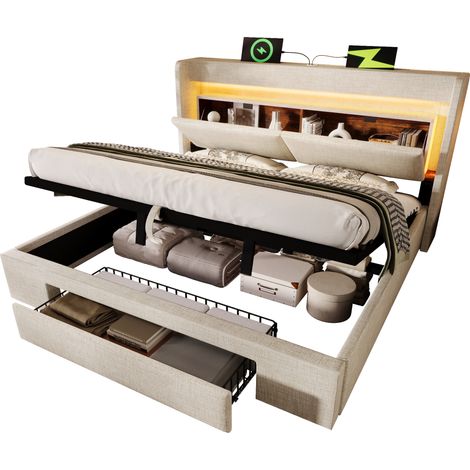 Lit coffre 180x200 cm en lin beige avec LED, ports USB/USB-C, sommier à lattes et tiroir sur roulettes (1/5)