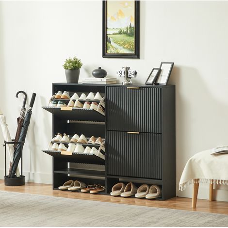 Zapatero 120x24x102 cm negro en MDF con puertas abatibles, antivuelco y balda superior decorativa (1/5)