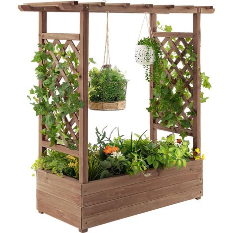 COSTWAY Fioriera da Esterno con Grigliato, Letto Rialzato da Esterno per Piante Rampicanti con Traliccio e Fori di Drenaggio, Aiuola Elevata da Giadino e Cortile, 100 x 44 x 113,5 cm (Marrone) (1/5)