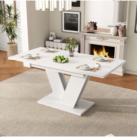 Table extensible de comedor MDF blanco 120-160x80 cm con patas metálicas en V para 4-8 personas (1/5)
