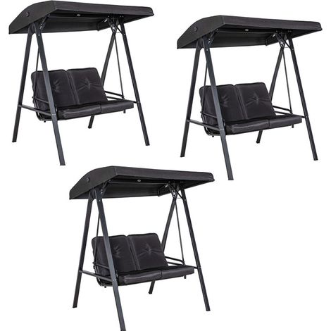 3er-Set hollywoodschaukel 2-Sitzer Gartenschaukel mit Verstellbarem Dach, Kissen, Schaukelbank bis 220 kg Belastbar, für Garten, Balkon, Schwarz, 145 x 116 x 172 cm