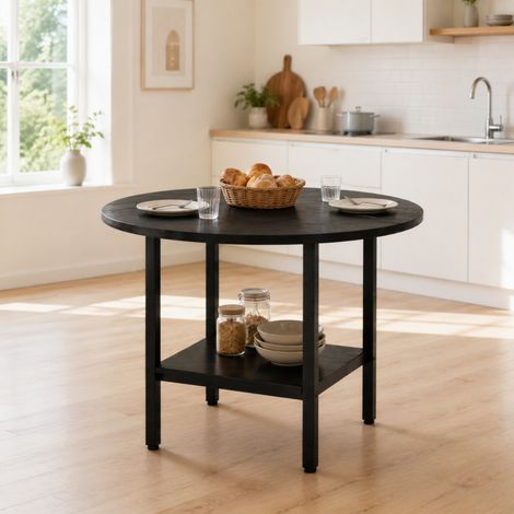 Mesa de comedor redonda de 100 cm con estante, MDF y metal negro HAVRYA (1/5)
