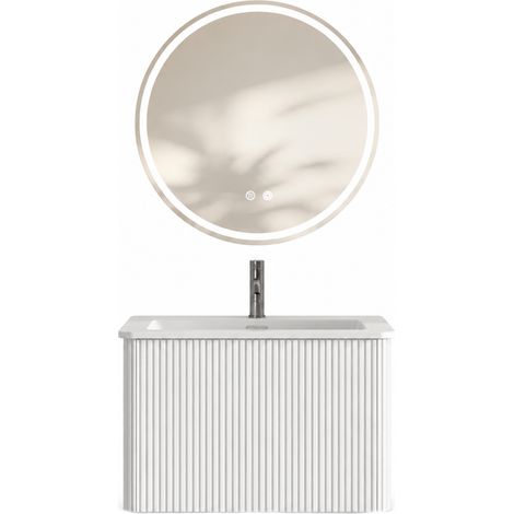 Set mobile bagno bianco 60 cm con specchio LED rotondo, sospeso, lavabo integrato e 1 cassetto (1/4)