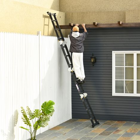 Echelle aluminium pliable multifonction 5 positions 3,7 m 12 échelons certification NF EN131 charge max. 150 Kg noir (1/5)