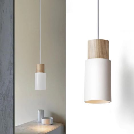 Lámpara colgante industrial retro con columna de madera barnizada a mano, aluminio grueso, portalámparas E27 ajustable para un ambiente cálido. (1/4)