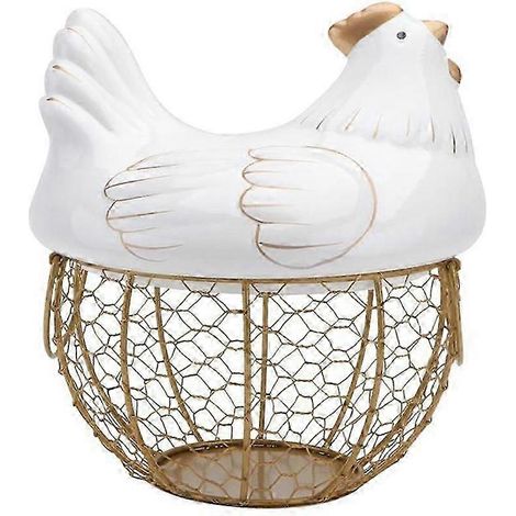Panier à œufs en céramique et fer forgé en forme de poule, boîte de rangement pour fruits et autres aliments, décorations de poule - Étagère A JN (1/5)