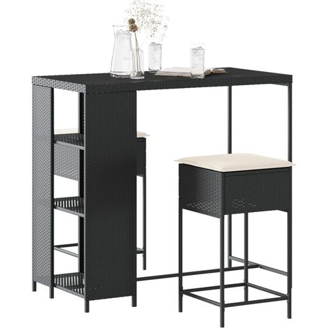 3-tlg. Gartenbar-Set mit Kissen Schwarz Poly Rattan
