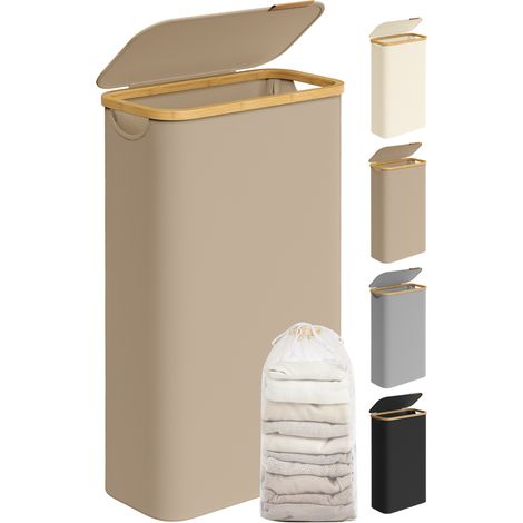 Songmics – Panier à linge mince 65L – Tissu Oxford 600D résistant – Doublure amovible en maille – Dimensions 42 x 22,5 x 70,5 cm – Marron camel
