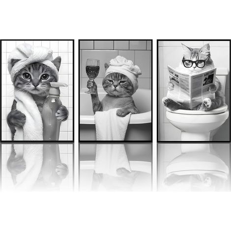 Lot de 3 toiles amusantes en noir et blanc–Chats mignons, loutres et ratons laveurs–Impression d'art humoristique pour salle de bain, toilettes– Sans cadre (chat, 3x30x40cm, Sans cadre) (1/5)