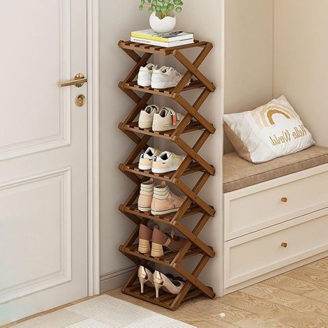 Petite étagère à chaussures pliable en bambou, organiseur étroit et haut, pour couloir, entrée, chambre et petits espaces, 8 couches de couleur fauve (1/5)