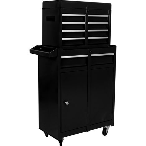 Armoire à outils à 5 tiroirs avec roulettes et mobilité, étagères supérieures amovibles et réglables, pour garage (noir)