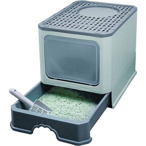 Bac À Litière Pour Chat - Avec Couvercle Grillagé Et Bac Coulissant - Intérieur 50 X 35 X 38 Cm - Jusqu'à 15 Kg - Vert (1/5)