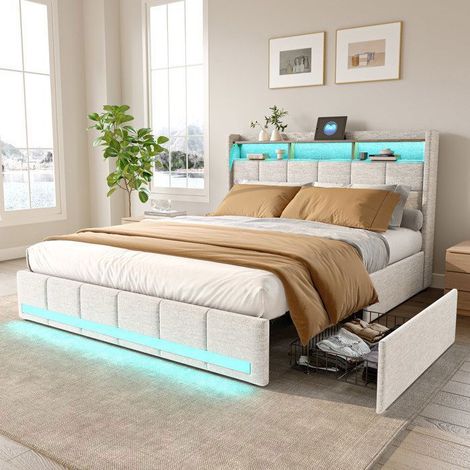 Letto matrimoniale - 231205TT - 160x200 cm - LED e USB integrati - Cassetti di stoccaggio