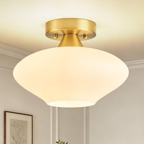 Moderne Doré Métal Plafonnier, Verre Blanc Laiteux, 27 CM, Max 60W (1/5)