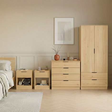 Trega 4pc Bedroom Furniture Unit – 2x Bedside, 4 Drawer Chest & 2 Door Wardrobe, Pine