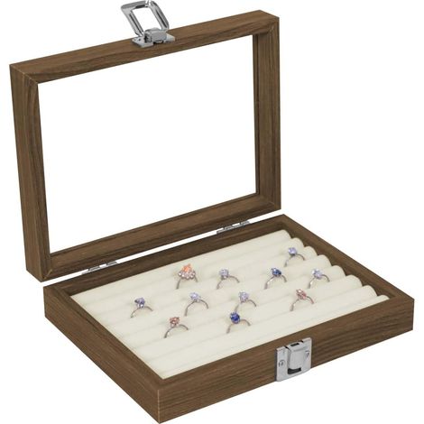 Boîte à bagues avec couvercle en verre - Organisateur de bijoux en bois pour femme - Avec fermoir en métal - Doublure en velours - Petit plateau pour rangement de bijoux - Beige (1/5)