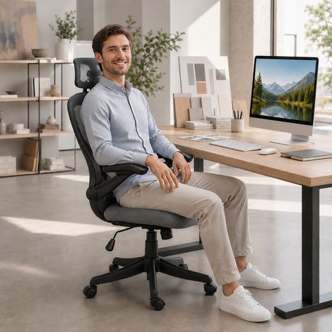 Chaise de bureau gris foncé maillée, accoudoirs rabattables 3D, appui‑tête 2D, crochet porte‑vêtements (1/5)