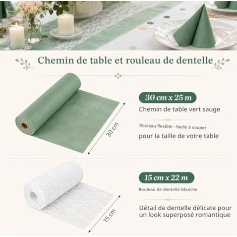 Ensemble de décoration de Table pour Communion et Confirmation, Vert Eucalyptus et Blanc, Chemin de Table 30 cm x 25 m, Ruban en Dentelle 15 cm x 22 m, 40 Serviettes, 100 confettis pour la décoration (1/3)
