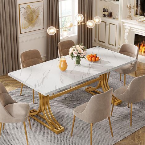 Esstisch Rechteckig für 4-6 Personen, Kunstmarmor Optik, Goldene Metallbeine (1/5)