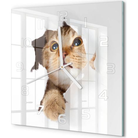 Horloge Murale Carrée Tendance Verre Trempé Silencieuse Déco Salon Maison Chat dans le trou 30x30 cm (1/5)
