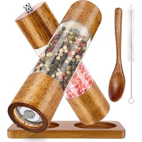2er-Set – Pfeffermühle & Salzmühle – Verstellbares Keramikmahlwerk – Für Gewürze und Meersalz – Für Küche und Tisch – Naturholz – 21,5 x 5 cm (1/5)