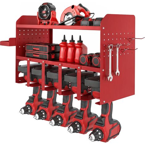 Organisateur d'outils de jardin, étagère de rangement murale à 2 niveaux pour garage avec plateau et crochets (1/5)