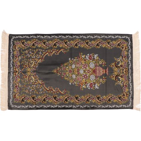 Tapis de prière double couche noir à broderie élégante, avec glands décoratifs, polyvalent pour salon, maison et camping. (1/5)