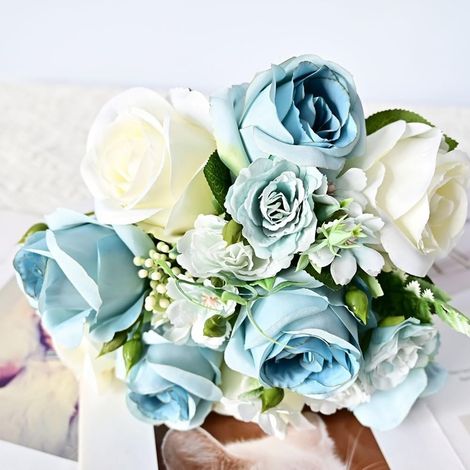 Bouquet de roses réalistes en soie de 45 cm, 9 têtes de fleurs artificielles, centre de table, décoration d'intérieur, arrangements de fête, assortis (1/5)
