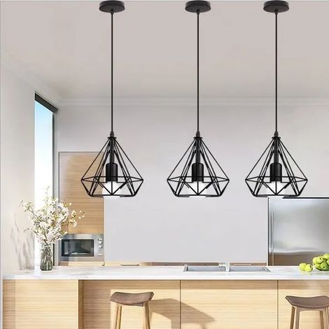 Yowei Lot de 3 Lampe Suspension Vintage Noir Lustre Plafonnier en Cage Diamant Métal Style Industrielle pour Salon Chambre (1/4)