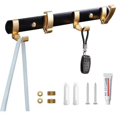 Ausziehbarer Kleiderständer mit 4 Haken, Haken zum Aufhängen von Schals, Handtaschen und anderen Gegenständen (Schwarz und Gold) (1/5)